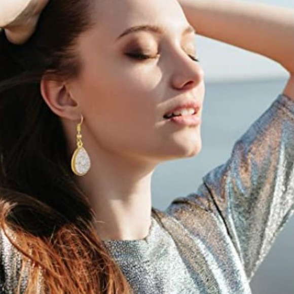 Gold Dangle Earrings Sparkle Earrings Gold Iridescent Shiny Earrings Drop Druzy - Picture 4 of 6